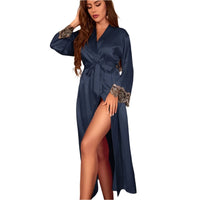 SaneShoppe - Long Twinset Robe Set with Lace Trim Nightdress, Satin Home Wear
