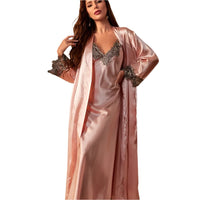 SaneShoppe Long Twinset Robe Set with Lace Trim Nightdress, Satin Home Wear Long Twinset Robe Set with Lace Trim Nightdress, Satin Home Wear