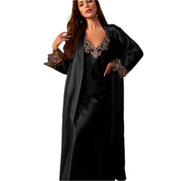 SaneShoppe - Long Twinset Robe Set with Lace Trim Nightdress, Satin Home Wear