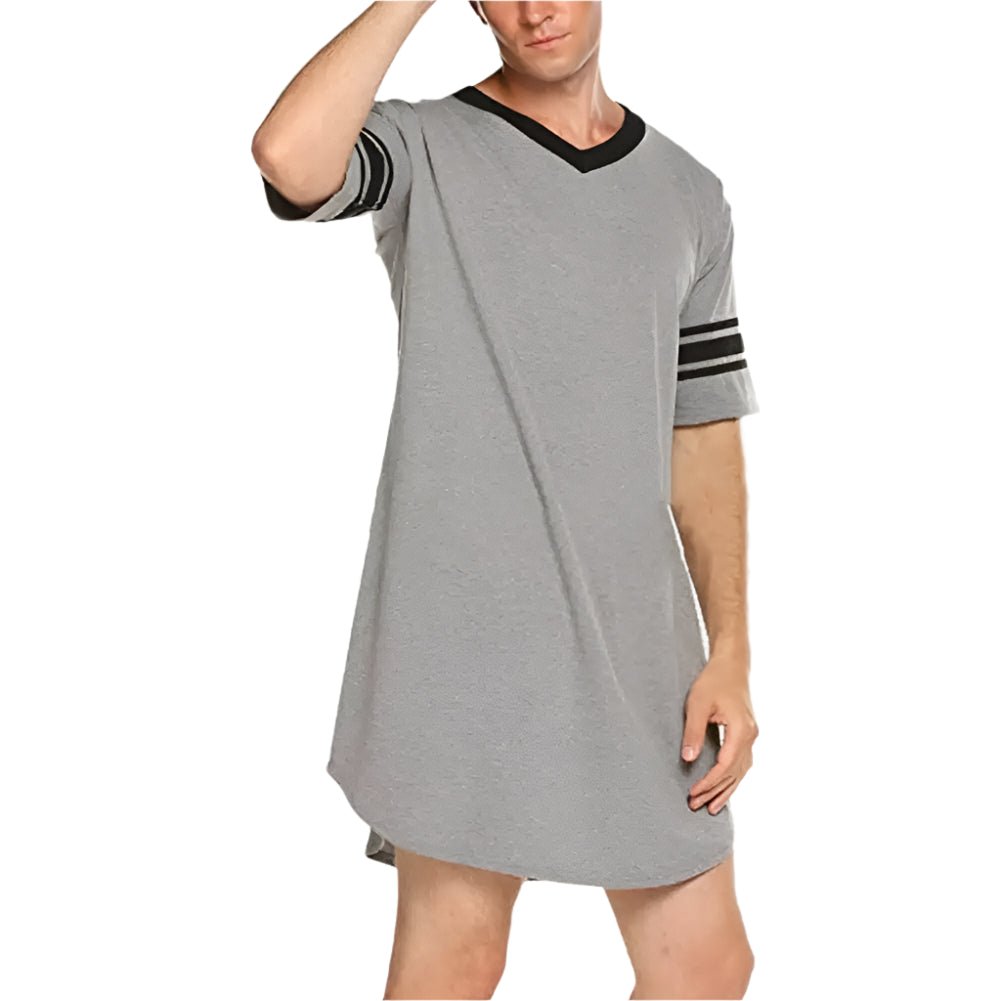 SaneShoppe Men's Loungewear: Summer T-shirt, Striped Sleep Dress, Bathrobe.