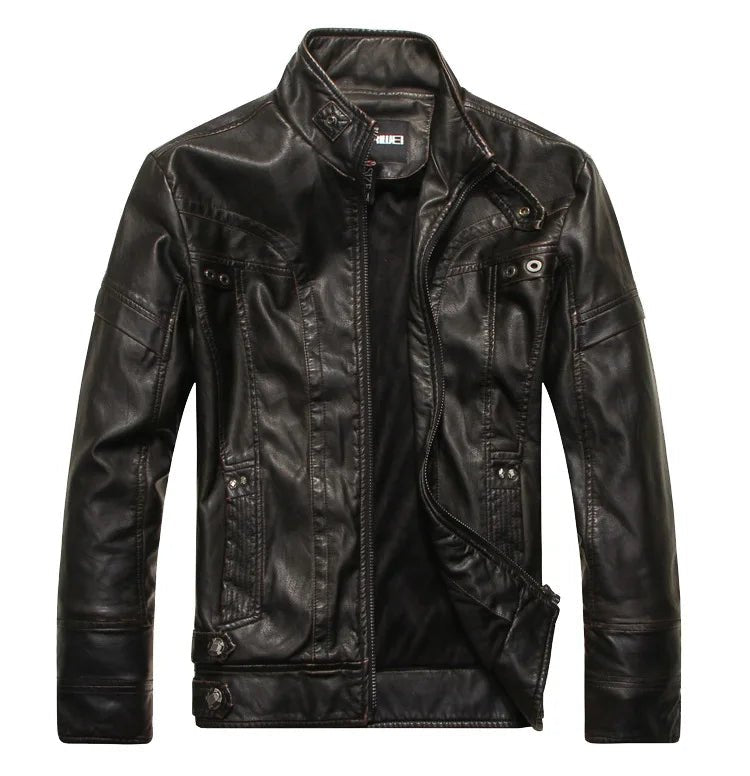 SaneShoppe - Men's PU Leather Jacket Cotton Coat for Motorcycle Autumn Winter Fleece Lining Casual Style