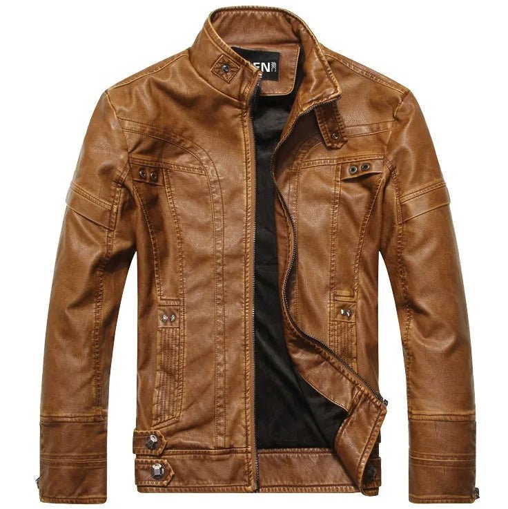 SaneShoppe - Men's PU Leather Jacket Cotton Coat for Motorcycle Autumn Winter Fleece Lining Casual Style