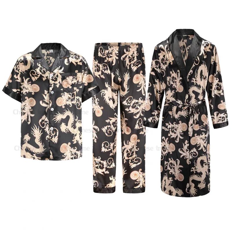SaneShoppe - Men's Satin Pajama Set: Ice Silk Shirt & Pants Long Sleeve Bathrobe with Pocket