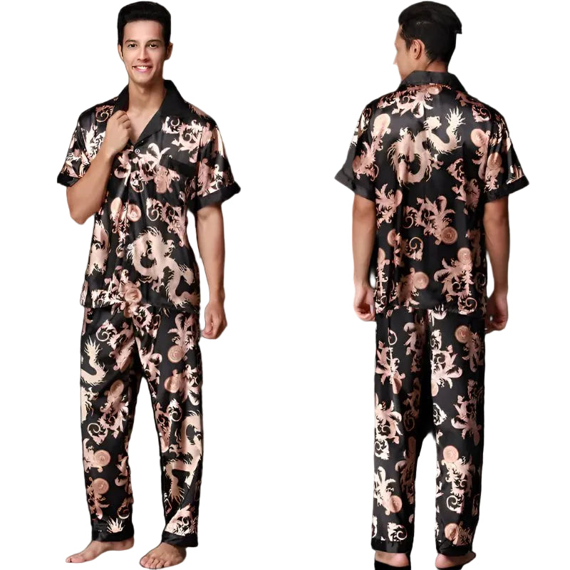 SaneShoppe Men's Satin Pajama Set: Ice Silk Shirt & Pants Long Sleeve Bathrobe with Pocket