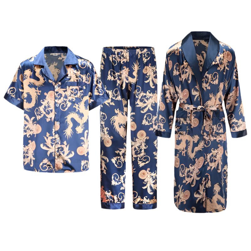 SaneShoppe - Men's Satin Pajama Set: Ice Silk Shirt & Pants Long Sleeve Bathrobe with Pocket