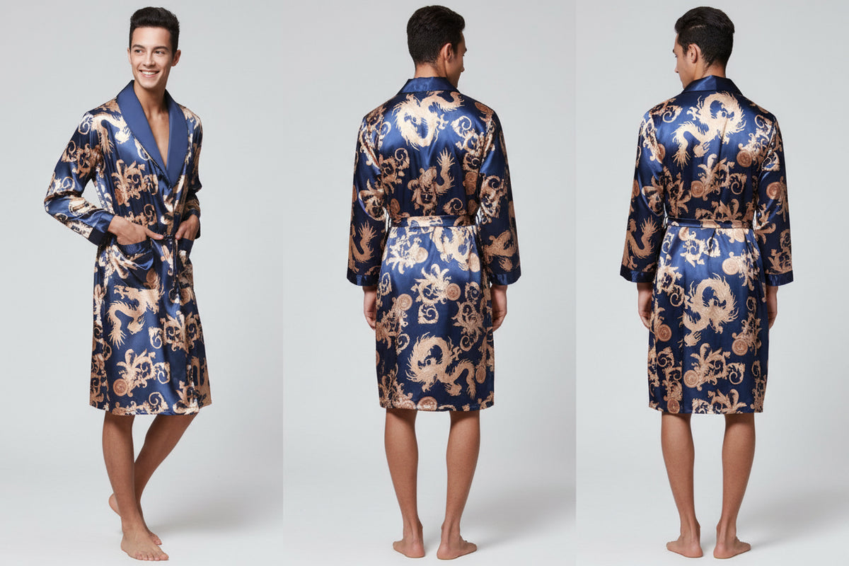 SaneShoppe - Men's Satin Pajama Set: Ice Silk Shirt & Pants Long Sleeve Bathrobe with Pocket