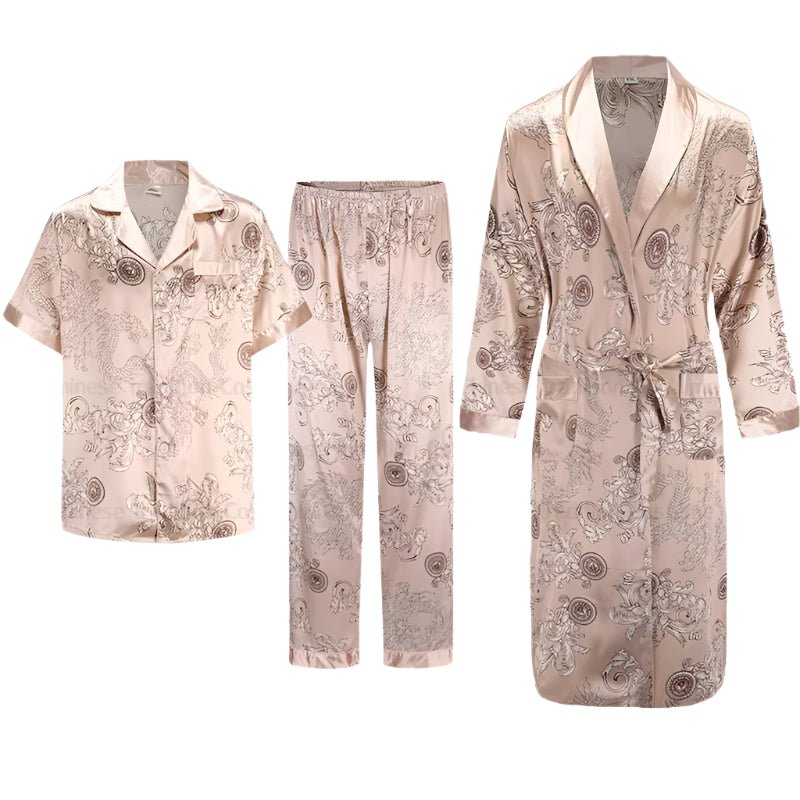 SaneShoppe - Men's Satin Pajama Set: Ice Silk Shirt & Pants Long Sleeve Bathrobe with Pocket