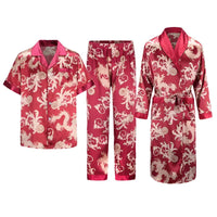 SaneShoppe Men's Satin Pajama Set: Ice Silk Shirt & Pants Long Sleeve Bathrobe with Pocket