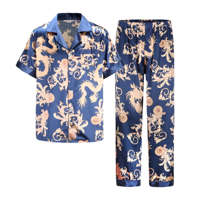 SaneShoppe Men's Satin Pajama Set: Ice Silk Shirt & Pants Long Sleeve Bathrobe with Pocket
