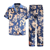 SaneShoppe Men's Satin Pajama Set: Ice Silk Shirt & Pants Long Sleeve Bathrobe with Pocket