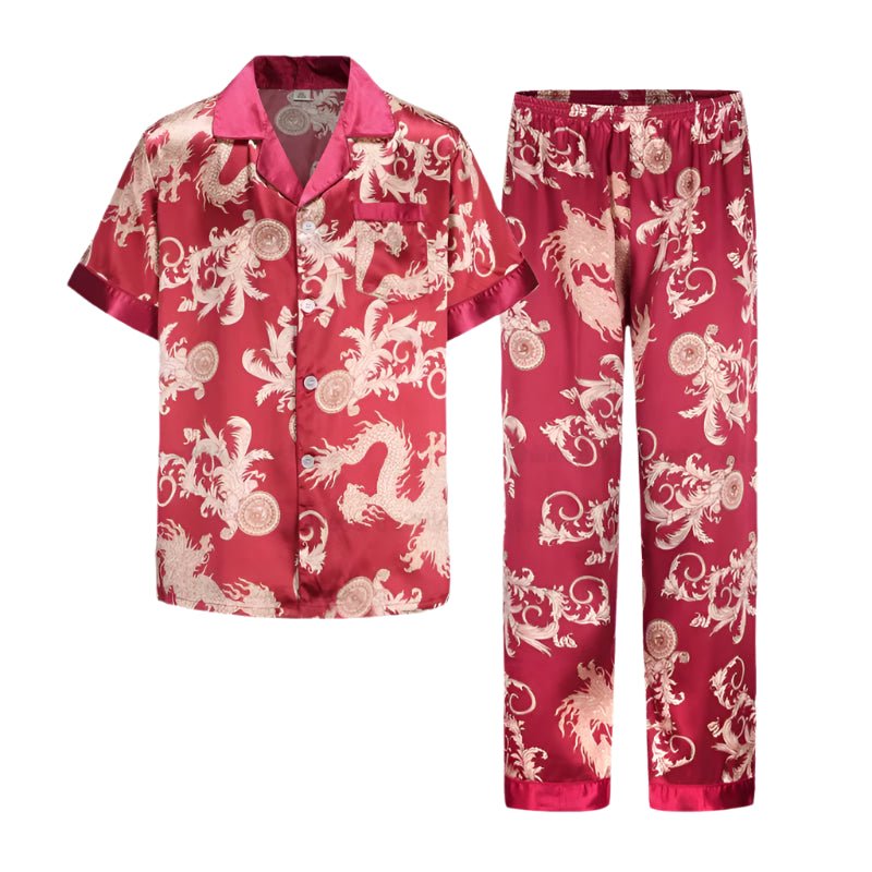 SaneShoppe Men's Satin Pajama Set: Ice Silk Shirt & Pants Long Sleeve Bathrobe with Pocket
