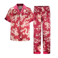 SaneShoppe Men's Satin Pajama Set: Ice Silk Shirt & Pants Long Sleeve Bathrobe with Pocket