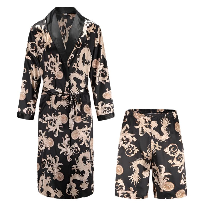SaneShoppe - Men's Satin Pajama Set: Ice Silk Shirt & Pants Long Sleeve Bathrobe with Pocket