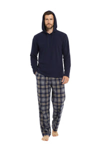 SaneShoppe - Men's Winter Hooded Check Fleece Pyjama Set Warm Cozy Nightwear with Stylish Check Bottoms