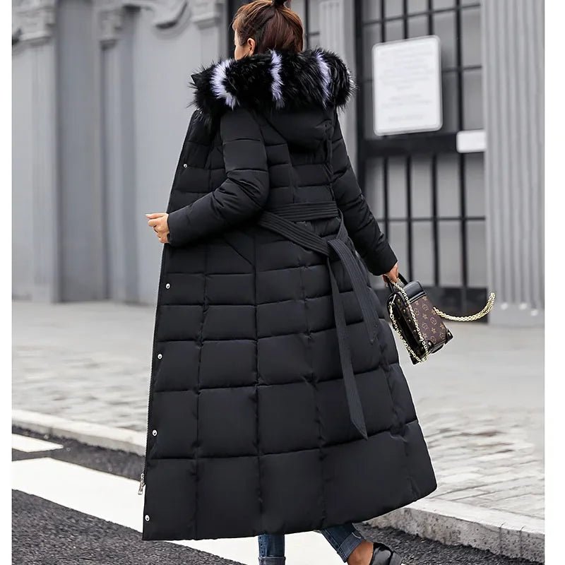 SaneShoppe - New Winter Over Knee Loose Large Fur Collar Hooded Warm Thick Parkas Women Padded Overcoat