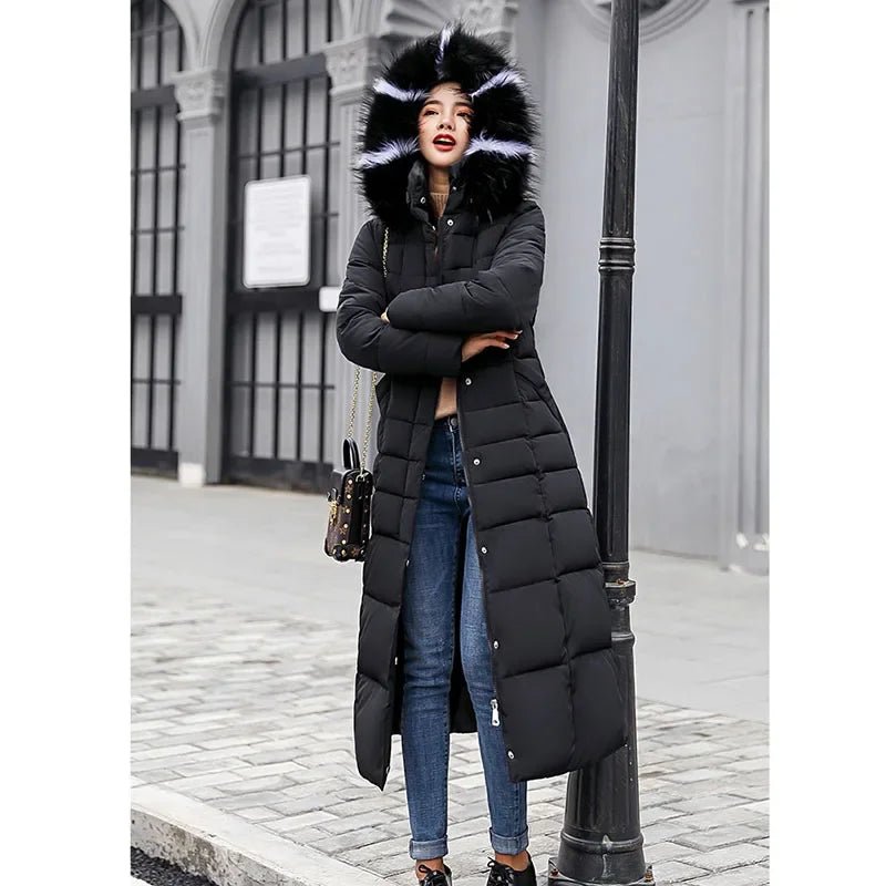 SaneShoppe - New Winter Over Knee Loose Large Fur Collar Hooded Warm Thick Parkas Women Padded Overcoat