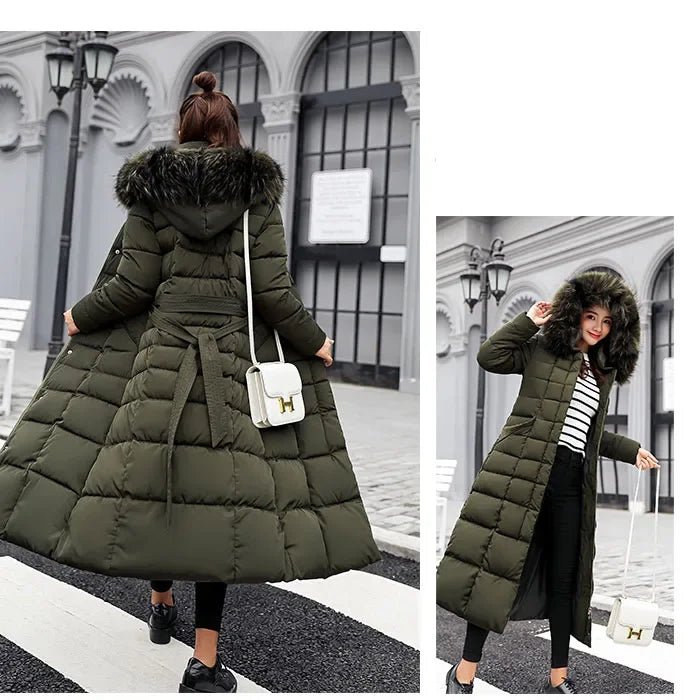 SaneShoppe - New Winter Over Knee Loose Large Fur Collar Hooded Warm Thick Parkas Women Padded Overcoat