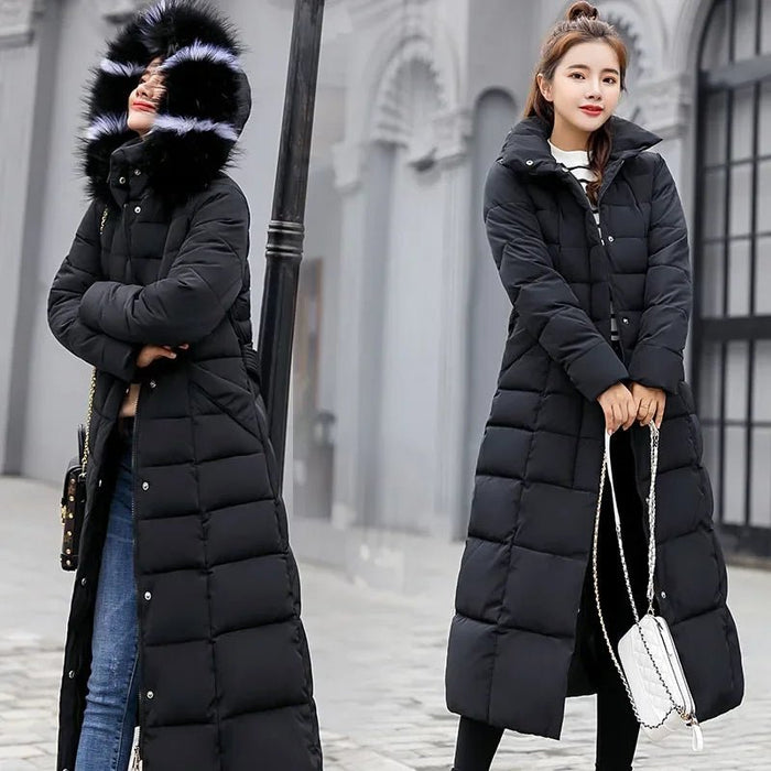 SaneShoppe - New Winter Over Knee Loose Large Fur Collar Hooded Warm Thick Parkas Women Padded Overcoat