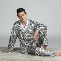 SaneShoppe - PLUS SIZE Men's Pajamas 2PCS Set Long Sleeve Loose Print Silk Satin Lounge Wear