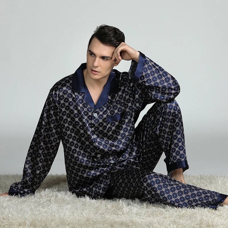 SaneShoppe - PLUS SIZE Men's Pajamas 2PCS Set Long Sleeve Loose Print Silk Satin Lounge Wear
