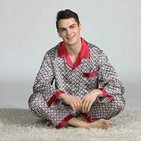 SaneShoppe - PLUS SIZE Men's Pajamas 2PCS Set Long Sleeve Loose Print Silk Satin Lounge Wear