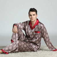 SaneShoppe - PLUS SIZE Men's Pajamas 2PCS Set Long Sleeve Loose Print Silk Satin Lounge Wear