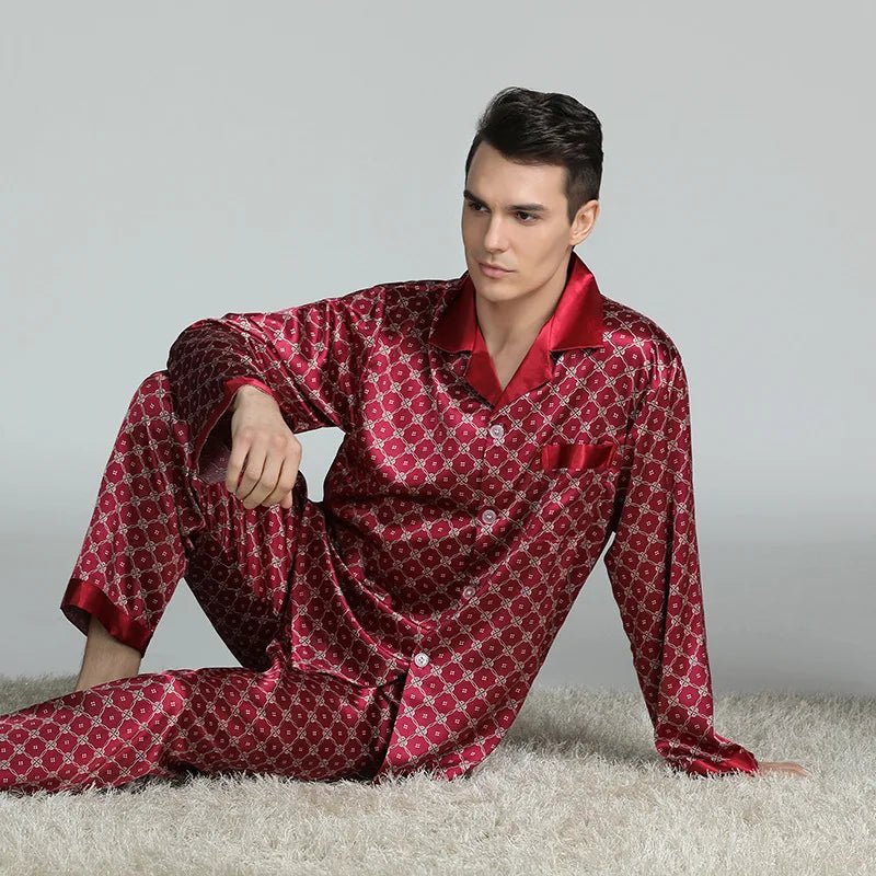 SaneShoppe - PLUS SIZE Men's Pajamas 2PCS Set Long Sleeve Loose Print Silk Satin Lounge Wear