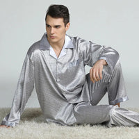 SaneShoppe - PLUS SIZE Men's Pajamas 2PCS Set Long Sleeve Loose Print Silk Satin Lounge Wear
