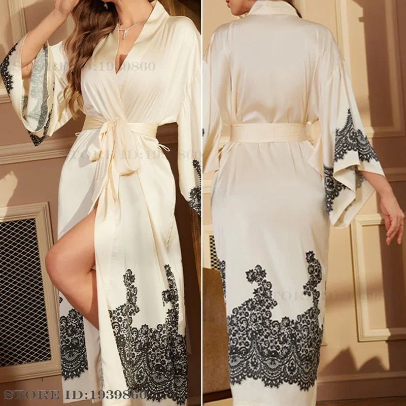 SaneShoppe - Plus Size Women's Satin Long Robe Gown Sleepwear, Flower Print Kimono Bathrobe
