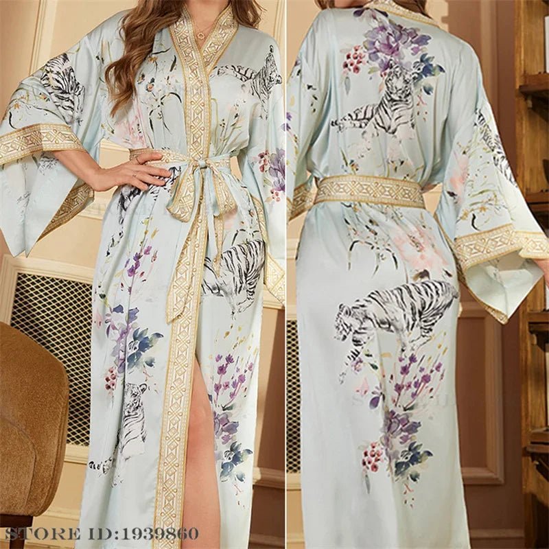 SaneShoppe Plus Size Women's Satin Long Robe Gown Sleepwear, Flower Print Kimono Bathrobe