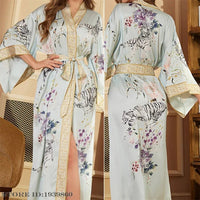 SaneShoppe Plus Size Women's Satin Long Robe Gown Sleepwear, Flower Print Kimono Bathrobe