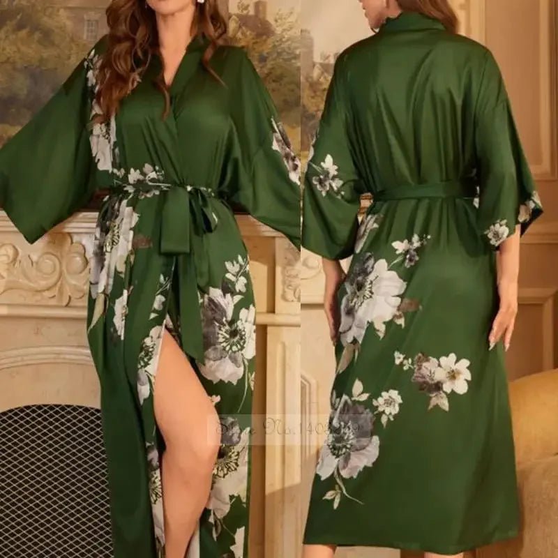 SaneShoppe - Plus Size Women's Satin Long Robe Gown Sleepwear, Flower Print Kimono Bathrobe