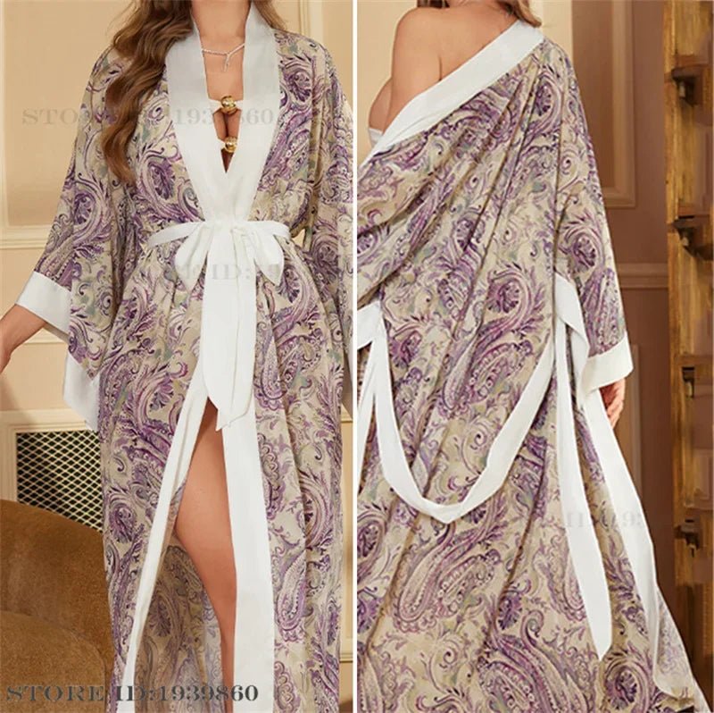 SaneShoppe - Plus Size Women's Satin Long Robe Gown Sleepwear, Flower Print Kimono Bathrobe