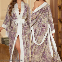 SaneShoppe - Plus Size Women's Satin Long Robe Gown Sleepwear, Flower Print Kimono Bathrobe
