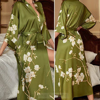SaneShoppe Plus Size Women's Satin Long Robe Gown Sleepwear, Flower Print Kimono Bathrobe