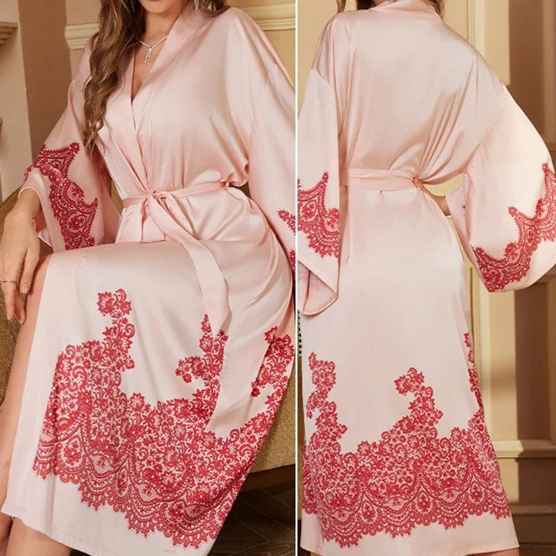 SaneShoppe - Plus Size Women's Satin Long Robe Gown Sleepwear, Flower Print Kimono Bathrobe