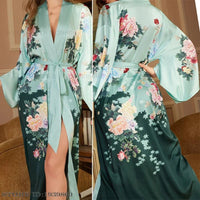 SaneShoppe - Plus Size Women's Satin Long Robe Gown Sleepwear, Flower Print Kimono Bathrobe