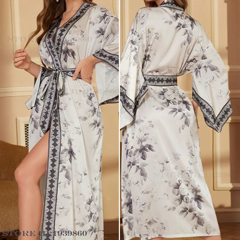 SaneShoppe - Plus Size Women's Satin Long Robe Gown Sleepwear, Flower Print Kimono Bathrobe