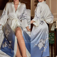 SaneShoppe Plus Size Women's Satin Long Robe Gown Sleepwear, Flower Print Kimono Bathrobe