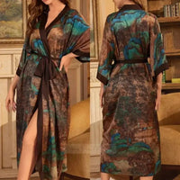 SaneShoppe - Plus Size Women's Satin Long Robe Gown Sleepwear, Flower Print Kimono Bathrobe