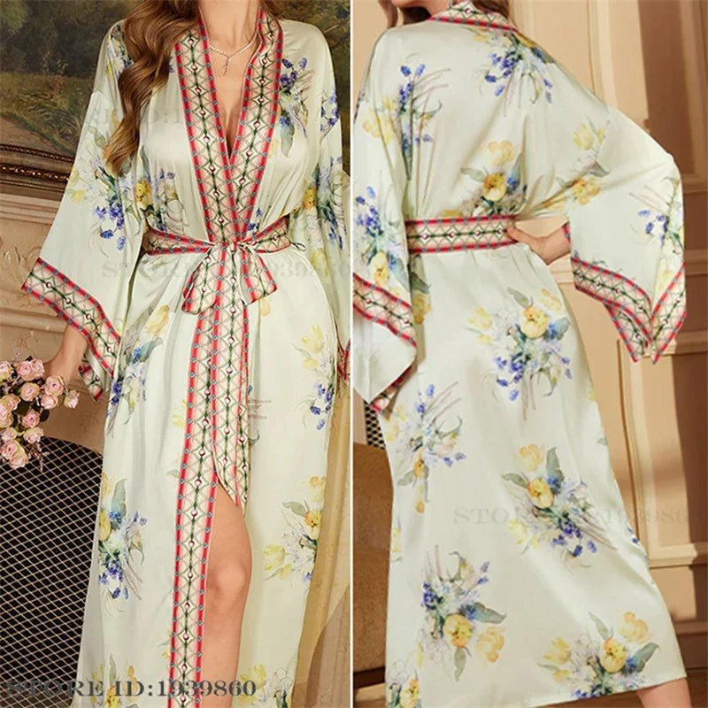 SaneShoppe - Plus Size Women's Satin Long Robe Gown Sleepwear, Flower Print Kimono Bathrobe