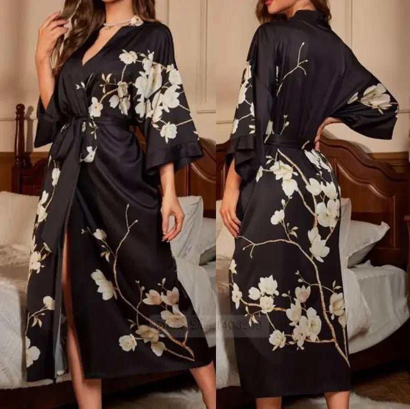 SaneShoppe Plus Size Women's Satin Long Robe Gown Sleepwear, Flower Print Kimono Bathrobe
