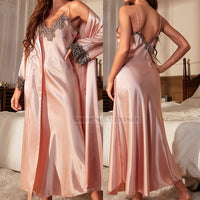 SaneShoppe - Satin Female Long Twin Set Robe, Lace Trim Nightgown, Kimono Nightdress
