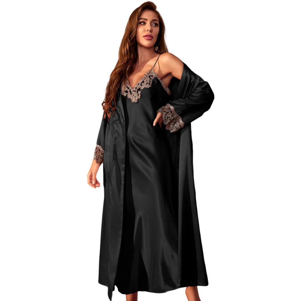 SaneShoppe - Satin Female Long Twin Set Robe, Lace Trim Nightgown, Kimono Nightdress