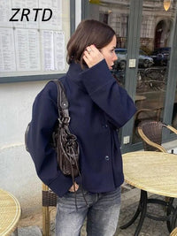 SaneShoppe Street Women's Short Woolen Coat Stand Collar Single Breasted Long Sleeve Pockets Jacket 2025 Autumn Lady Casual Commute Outwear