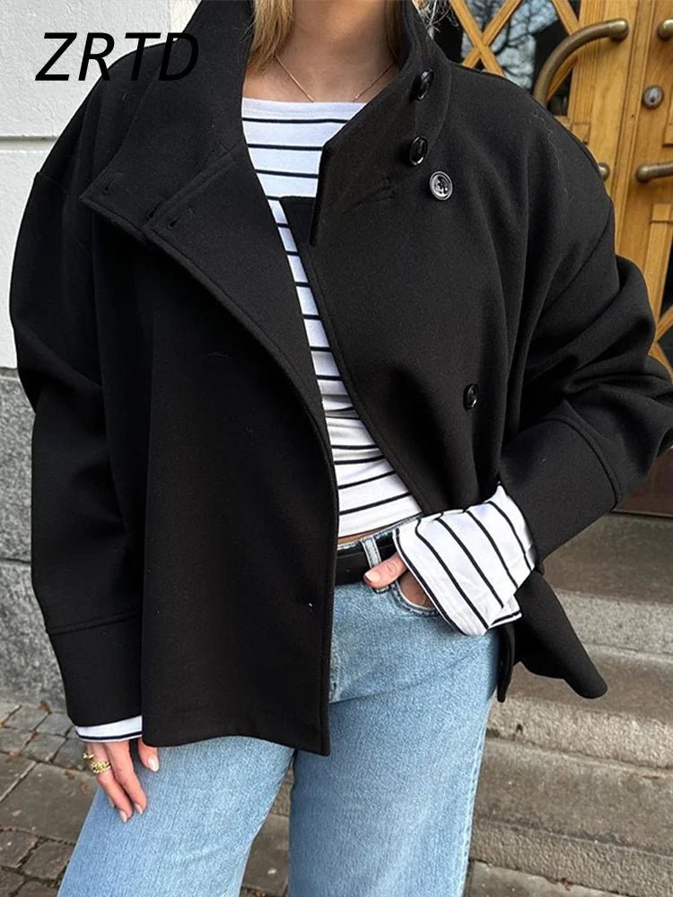 SaneShoppe - Street Women's Short Woolen Coat Stand Collar Single Breasted Long Sleeve Pockets Jacket 2025 Autumn Lady Casual Commute Outwear
