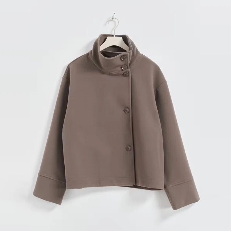 SaneShoppe - Street Women's Short Woolen Coat Stand Collar Single Breasted Long Sleeve Pockets Jacket 2025 Autumn Lady Casual Commute Outwear
