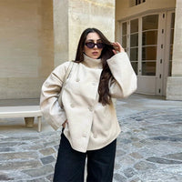 SaneShoppe - Street Women's Short Woolen Coat Stand Collar Single Breasted Long Sleeve Pockets Jacket 2025 Autumn Lady Casual Commute Outwear