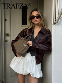 SaneShoppe - TRAFZA Vintage Women's Bomber Jacket Long Sleeves Lapel Loose Zipper Short Coat for Autumn