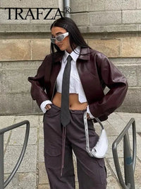 SaneShoppe - TRAFZA Vintage Women's Bomber Jacket Long Sleeves Lapel Loose Zipper Short Coat for Autumn